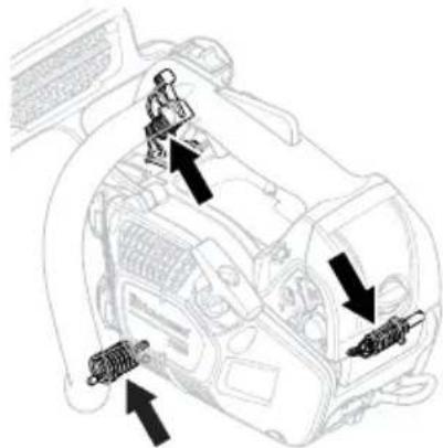 Technical diagram showing engine compartment with labeled components and directional arrows indicating assembly or inspection.