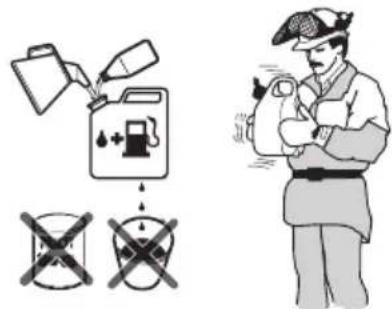 Safety warning illustration showing fuel injection, nozzles, and a person holding a baby with crossed-out straps