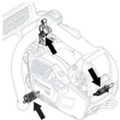 Diagram of car engine components with arrows indicating parts of the engine and a device, likely illustrating a vehicle's internal structure.