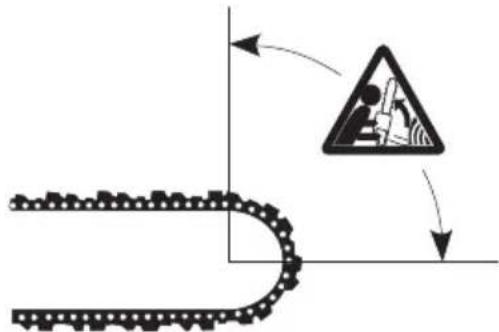 Diagram illustrating a collision or collision scenario with a gear-like chain and a triangular warning symbol.