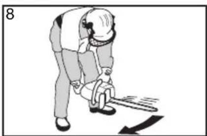 Illustration of a person using a power tool to cut a block, with a downward arrow indicating motion (no text or symbols)