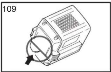 Technical line drawing of a mechanical component with a circular arrow indicating rotation (no text or symbols)
