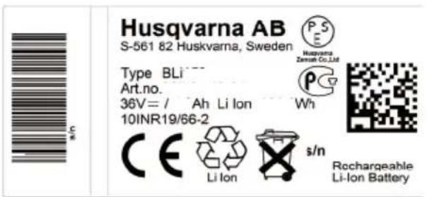Husqvarna AB S-561 82 Huskvarna, Sweden Type BLi--- Art.no. 36V = / Ah Li Ion Wh 10INR19/66-2 CE Li Ion s/n Rochargeable Li-Ion Battery