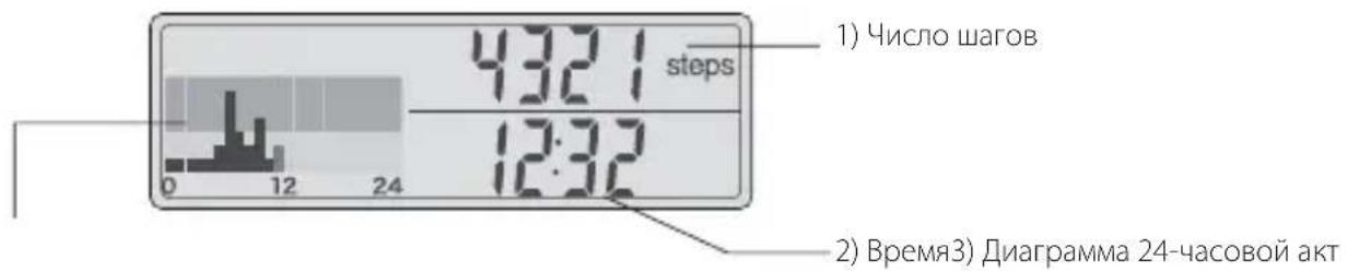 1) Число шагов 4321 steps 12:32 0 12 24 2) Время3) Диаграмма 24-часовой акт