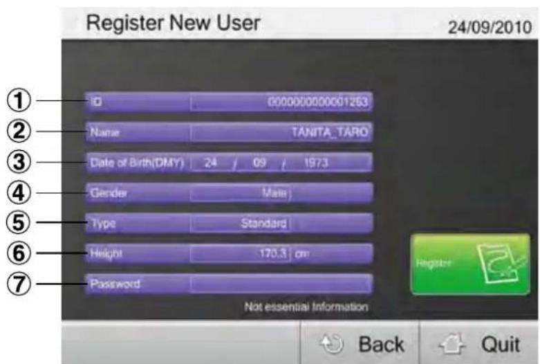 TANITA MC980MA - Entrer l'identifiant de l'utilisateur, le nom et toutes les informations personnelles, puis appuyer sur "register - 1
