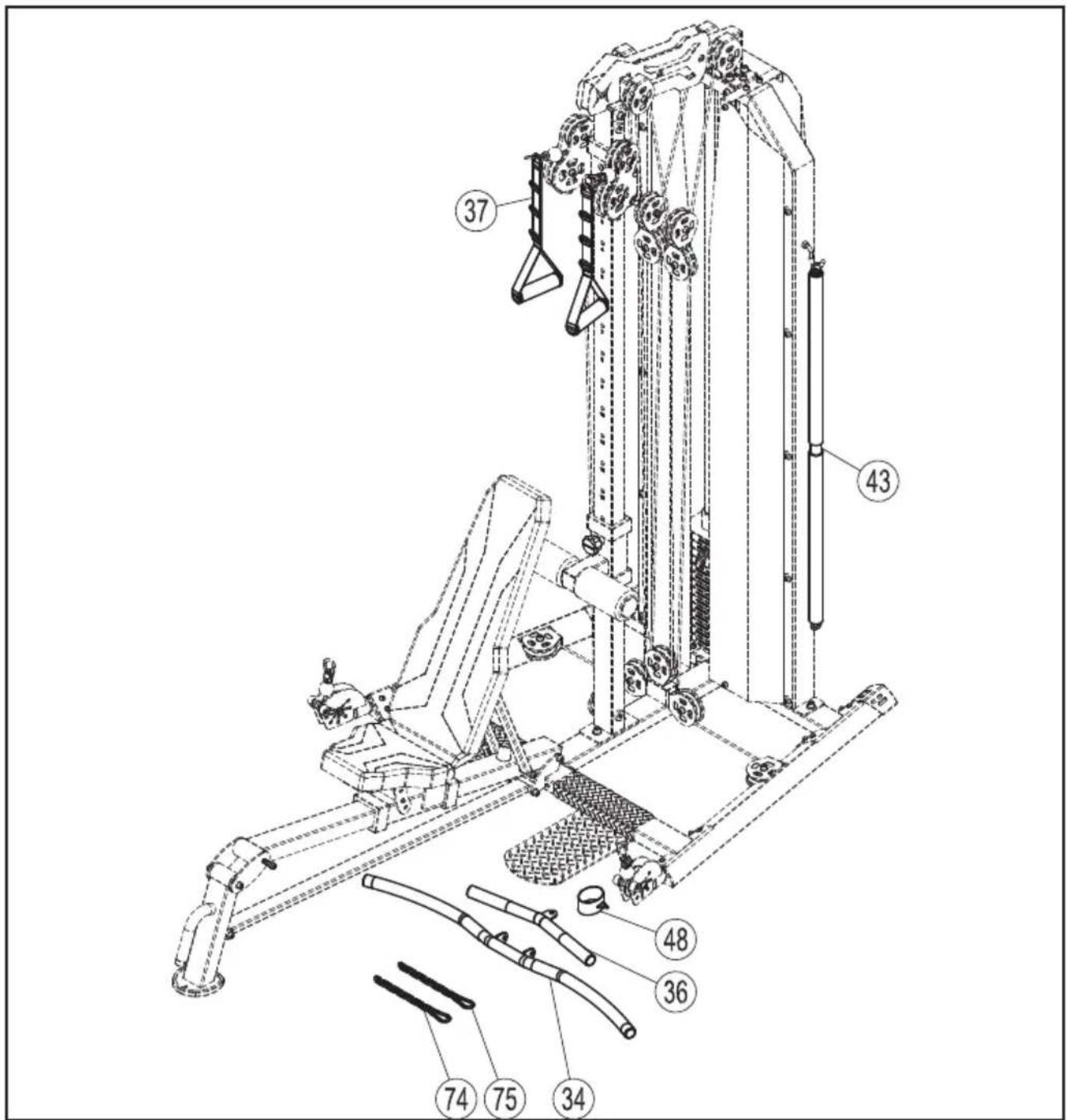 Technical diagram of a mechanical lifting device with numbered components labeled 34, 36, 37, and 43.