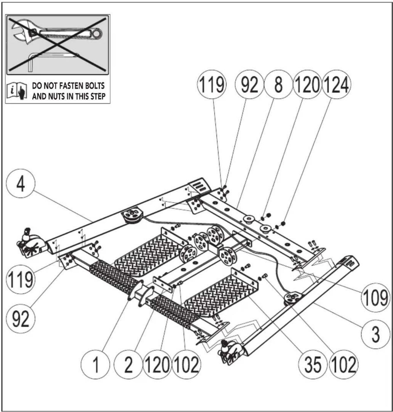 DO NOT FASTEN BOLTS AND NUTS IN THIS STEP 119 92 8 120 124 4 119 92 1 2 120 102 109 3 35 102
