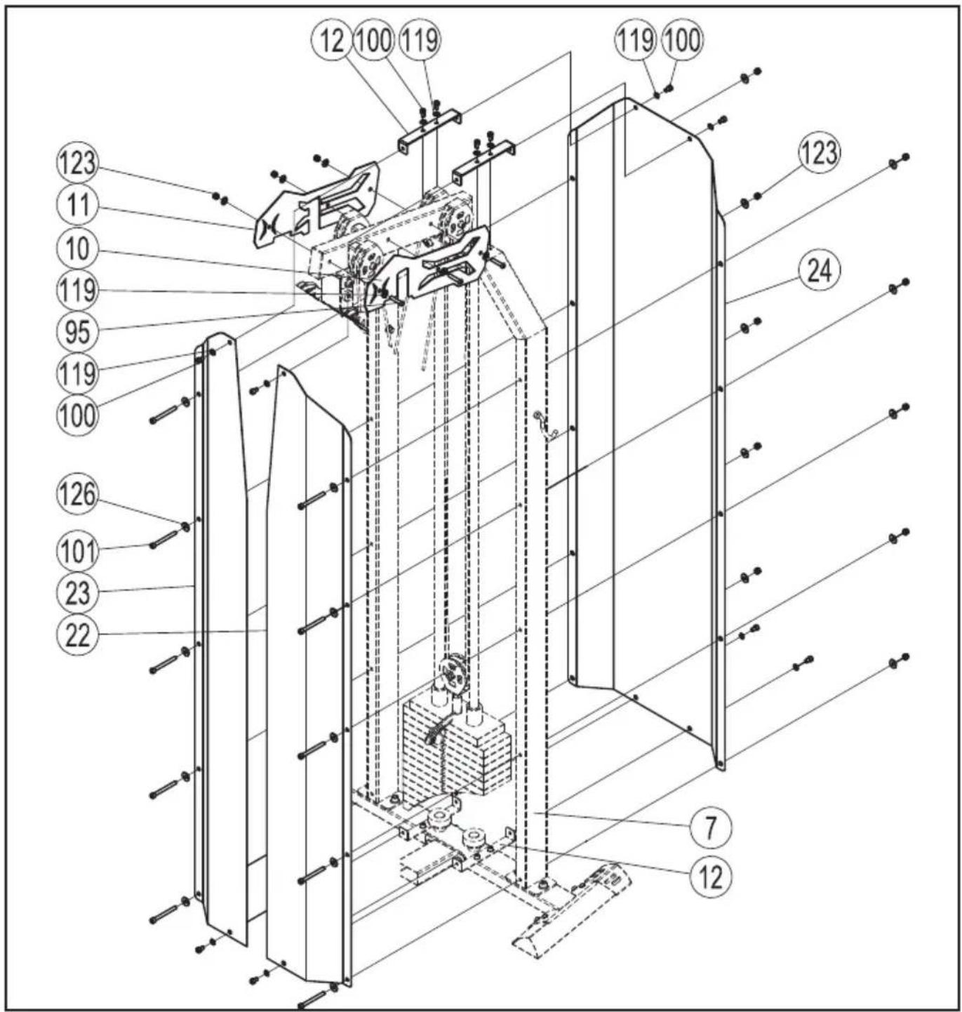 Technical diagram of a mechanical device with numbered components and structural annotations