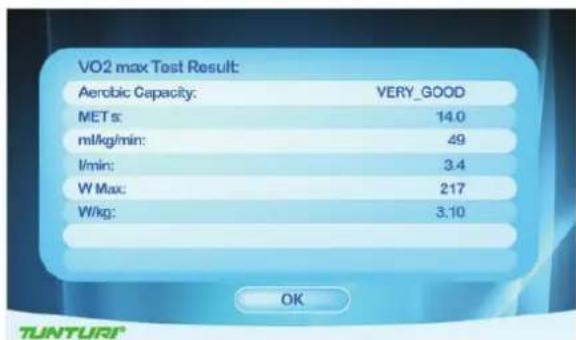 TUNTURI Platinum PRO Upright Bike - VO2 Max test resultaten scherm - 1