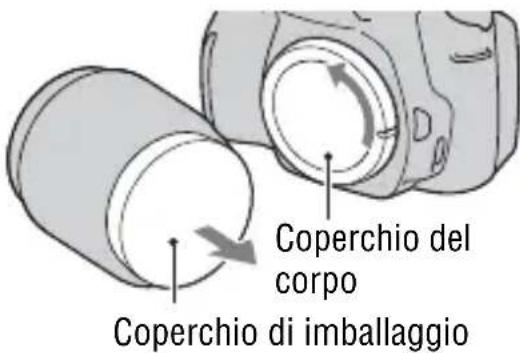 SONY Alpha DSLRA380H - Rimuovere il coperchio del corpo alla fotocamera e il coperchio di imballaggio dal retro dell'obiettivo. - 1