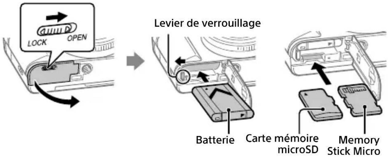 SONY Cybershot DSCWX800 - Insertion de la batterie (fournie)/carte mémoire (vendue séparément) dans l'appareil - 1