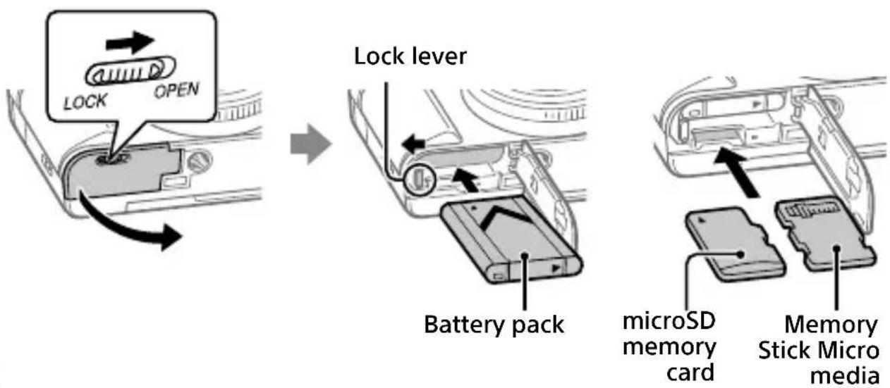 SONY Cybershot DSCWX800 - Inserting the battery pack (supplied)/memory card (sold separately) into the camera - 1