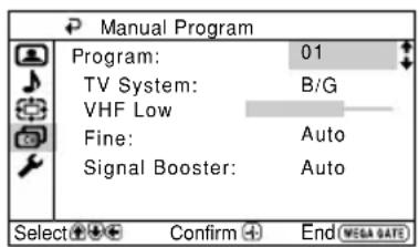 SONY Trinitron KVDZ29M81 - After selecting "Manual Program", select the program number to which you want to preset a channel. - 1