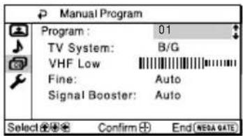 SONY Trinitron KVBZ14M70 - After selecting "Manual Program", select the program number to which you want to preset a channel. - 1