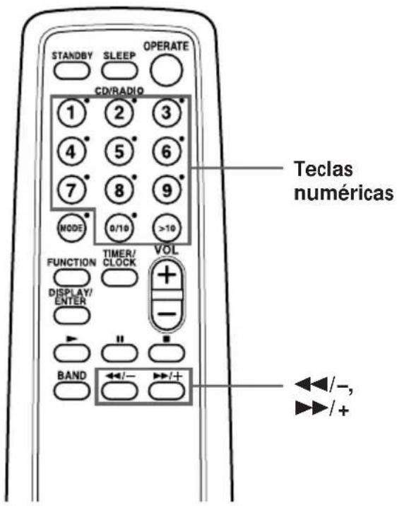 STANDBY SLEEP OPERATE CD/RADIO 1 2 3 4 5 6 7 8 9 NODE 0/10 >10 FUNCTION TIMER/VOL DISPLAY/+ ENTER BAND ←/− →/+ Teclas numéricas ←/−, →/+