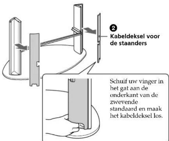 Kabeldeksel voor de staanders Schuif uw vinger in het gat aan de onderkant van de zwevende standaard en maak het kabeldeksel los.
