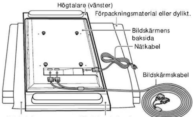Högtalare (vänster) Förpackningsmaterial eller dylikt. Bildskärmens baksida Nätkabel Bildskärmskabel