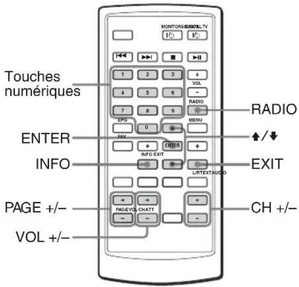 MONITORS/QUENTAL TV 10 10 Touches numériques 1 2 3 + 4 5 6 - 7 8 9 EPG 0 FAX ENTER INFO PAGE +/- VOL +/- RADIO MENU ENTER INFO EXIT L/RTEXTAUDIO EXIT PAGE VOL CHATT CH +/-