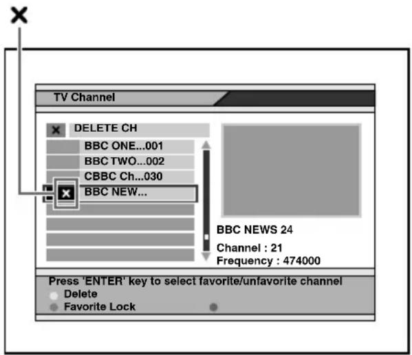 TV Channel DELETE CH BBC ONE...001 BBC TWO...002 CBBC Ch...030 BBC NEW... BBC NEWS 24 Channel : 21 Frequency : 474000 Press 'ENTER' key to select favorite/unfavorite channel Delete Favorite Lock