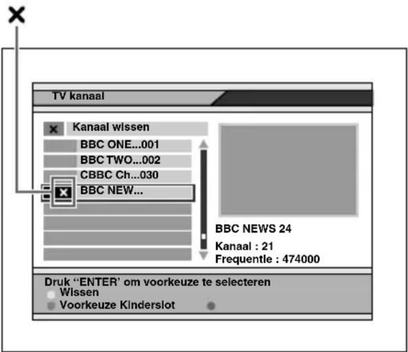 TV kanaal Kanaal wissen BBC ONE...001 BBC TWO...002 CBBC Ch...030 BBC NEW... BBC NEWS 24 Kanaal : 21 Frequentle : 474000 Druk "ENTER" om voorkeuze te selecteren Wissen Voorkeuze Kinderslot