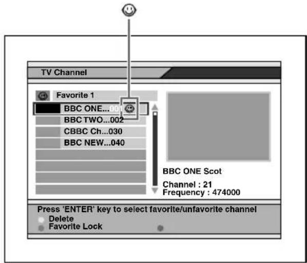 TV Channel Favorite 1 BBC ONE...000 BBC TWO...002 CBBC Ch...030 BBC NEW...040 BBC ONE Scot Channel : 21 Frequency : 474000 Press 'ENTER' key to select favorite/unfavorite channel Delete Favorite Lock