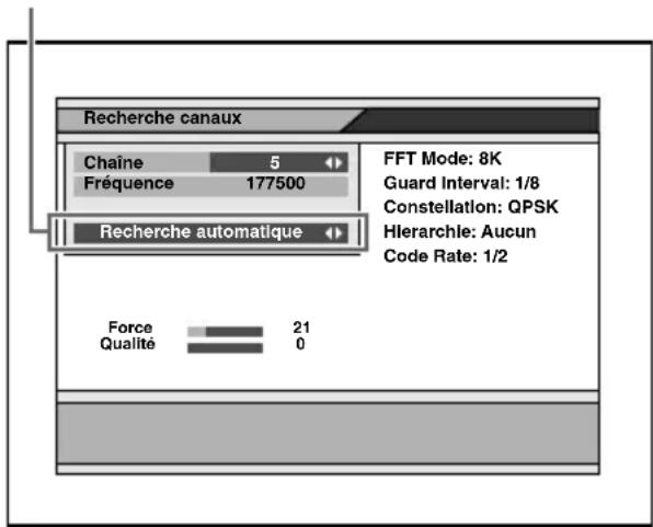 Recherche canaux Chaine 5 Fréquence 177500 Recherche automatique FFT Mode: 8K Guard Interval: 1/8 Constellation: QPSK Hierarchie: Aucun Code Rate: 1/2 Force 21 Qualité 0