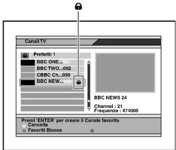 Canali TV Preferiti 1 BBC ONE...001 BBC TWO...002 CBBC Ch...030 BBC NEW...040 BBC NEWS 24 Channel : 21 Frequenza : 474000 Premi 'ENTER' per creare il Canale favorito Cancella Favoriti Blocca
