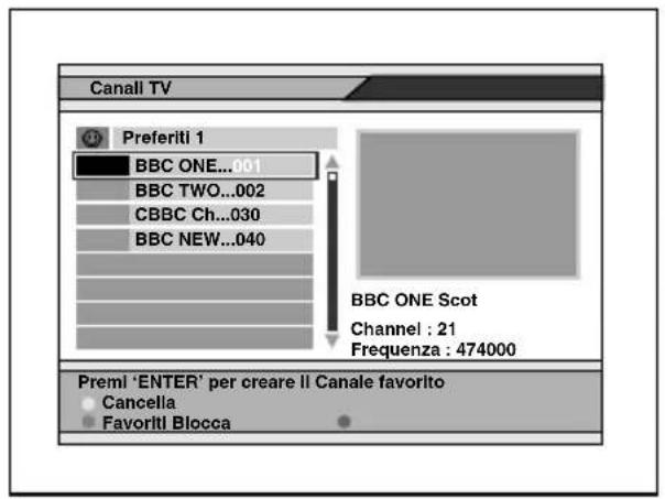 Canall TV Preferiti 1 BBC ONE...001 BBC TWO...002 CBBC Ch...030 BBC NEW...040 BBC ONE Scot Channel : 21 Frequenza : 474000 Premi 'ENTER' per creare Il Canale favorito Cancella Favoriti Blocca