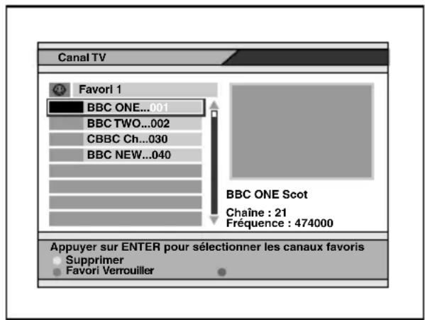 Canal TV Favori 1 BBC ONE...001 BBC TWO...002 CBBC Ch...030 BBC NEW...040 BBC ONE Scot Chaîne : 21 Fréquence : 474000 Appuyer sur ENTER pour sélectionner les canaux favoris Supprimer Favori Verrouiller