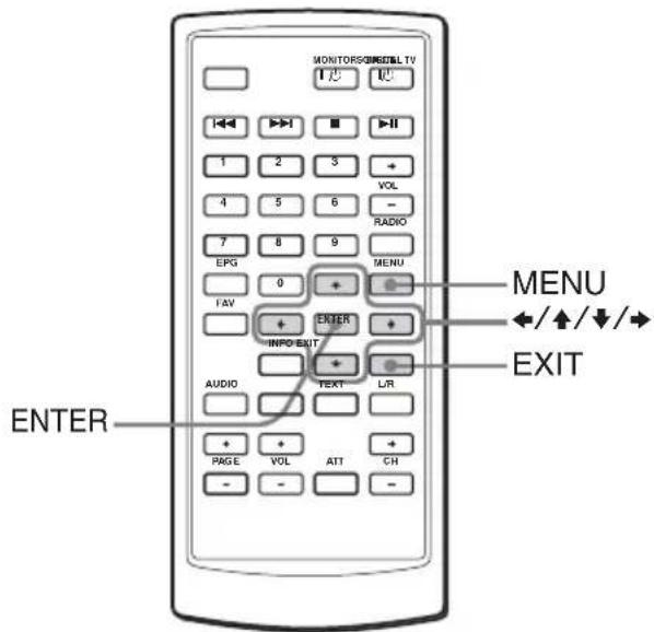 MONITORS/COMMAND TV I 必 便 1 2 3 4 5 6 7 8 9 EFG 0 + FAV ENTER INFO-EXIT AUDIO TEXT L/R PAGE VOL ATT CH - - MENU ←/↑/↓/→ EXIT ENTER