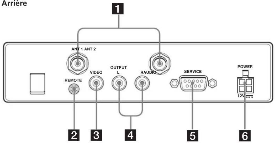 Arriere 1 ANT 1 ANT 2 REMOTE VIDEO OUTPUT L RAUDIO SERVICE POWER 12V 2 3 4 5 6