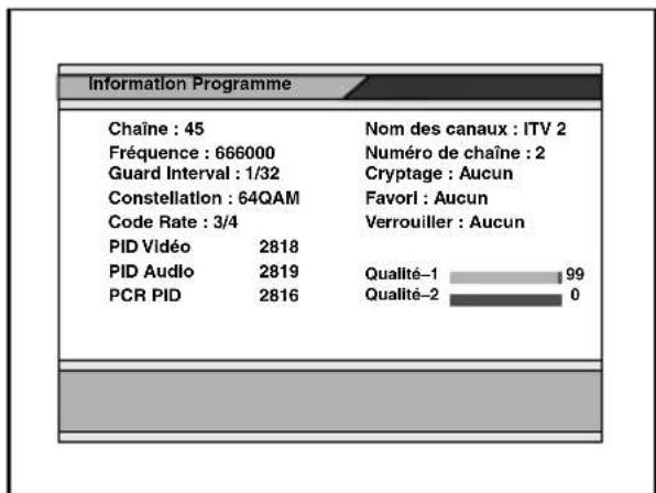 Information Programme Chaîne : 45 Fréquence : 666000 Guard Interval : 1/32 Constellation : 64QAM Code Rate : 3/4 PID Vidéo 2818 PID Audio 2819 PCR PID 2816 Nom des canaux : ITV 2 Numéro de chaîne : 2 Cryptage : Aucun Favorl : Aucun Verrouiller : Aucun Qualité-1 99 Qualité-2 0
