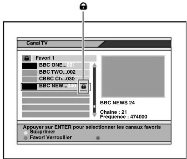 Canal TV Favori 1 BBC ONE...001 BBC TWO...002 CBBC Ch...030 BBC NEW...040 BBC NEWS 24 Chaîne : 21 Fréquence : 474000 Appuyer sur ENTER pour sélectionner les canaux favors Supprimer Favori Verrouiller