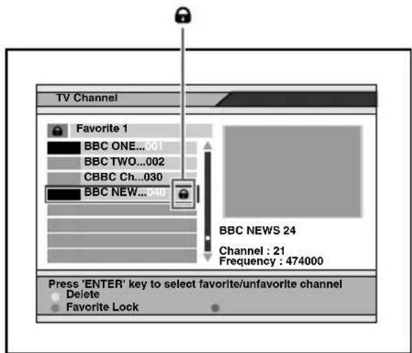 TV Channel Favorite 1 BBC ONE...001 BBC TWO...002 CBBC Ch...030 BBC NEW...040 BBC NEWS 24 Channel : 21 Frequency : 474000 Press 'ENTER' key to select favorite/unfavorite channel Delete Favorite Lock