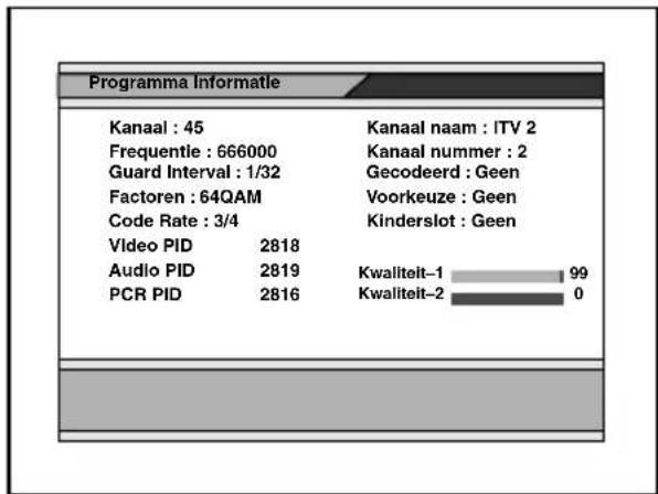 Programma Informatie Kanaal : 45 Frequentle : 666000 Guard Interval : 1/32 Factoren : 64QAM Code Rate : 3/4 Video PID 2818 Audio PID 2819 PCR PID 2816 Kanaal naam : ITV 2 Kanaal nummer : 2 Gecodeerd : Geen Voorkeuze : Geen Kinderslot : Geen Kwaliteit-1 99 Kwaliteit-2 0