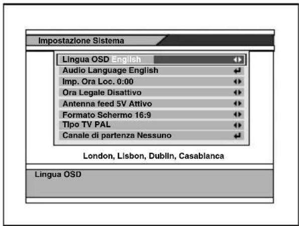 Impostazione Sistema Lingua OSD English Audio Language English Imp. Ora Loc. 0:00 Ora Legale Disattivo Antenna feed 5V Attivo Formato Schermo 16:9 Tipo TV PAL Canale di partenza Nessuno London, Lisbon, Dublin, Casablanca Lingua OSD