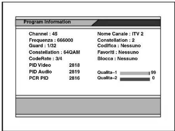 Program Information Channel : 45 Frequenza : 666000 Guard : 1/32 Constellation : 64QAM CodeRate : 3/4 PID Video 2818 PID Audio 2819 PCR PID 2816 Nome Canale : ITV 2 Constellation : 2 Codifica : Nessuno Favorite : Nessuno Blocca : Nessuno Qualita-1 99 Qualita-2 0