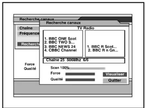Recherche canaux TV Radio Chaine Fréquence Recherche 1. BBC ONE Scot 2. BBC TWO S... 3. BBC NEWS 24 4. CBBC Channel 1. BBC R Scot... 2. BBC R n Gn... Chaine 25 506Mhz 6/6 Scan 100% Force Qualité Visualiser Quitter