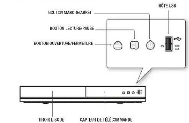 BOUTON MARCHE/ARRÊT BOUTON LECTURE/PAUSE BOUTON OUVERTURE/FERMETURE HÔTE USB 500 mA TIROIR DISQUE CAPTEUR DE TÉLÉCOMMANDE