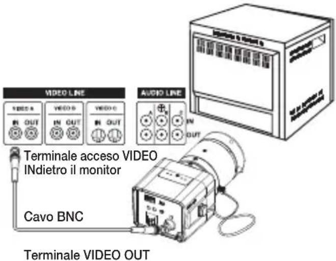 VIDEO LINE VIDEO A IN OUT VIDEO B IN OUT VIDEO C IN OUT AUDIO LINE OUT 2 IN OUT Terminale acceso VIDEO INdietro il monitor Cavo BNC Terminale VIDEO OUT