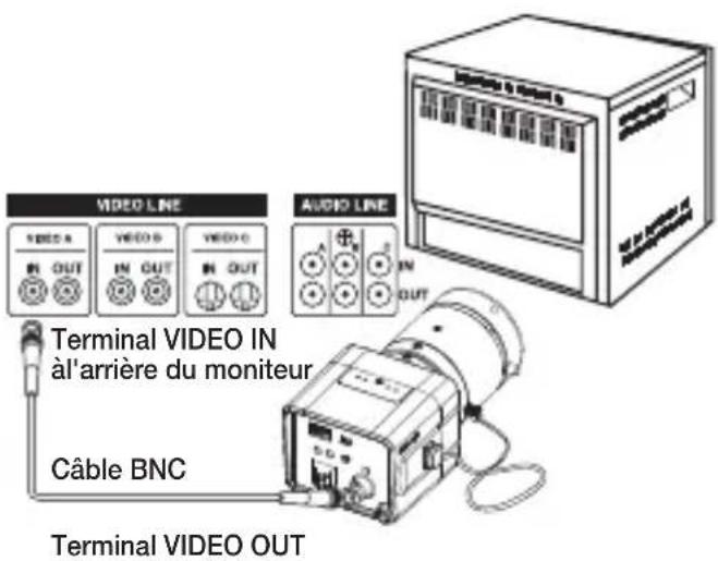 VIDEO LINE AUDIO LINE VIEOA IN OUT VIEOS IN OUT VIEOC IN OUT AUXO IN OUT Terminal VIDEO IN àl'arrière du moniteur Câble BNC Terminal VIDEO OUT