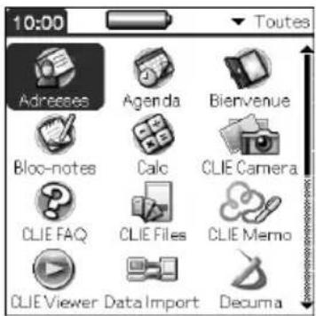 10:00 Toutes Adresses Agenda Bienvenue Bloc-notes Calc CLIE Camera CLIE FAQ CLIE Files CLIE Memo CLIE Viewer Data Import Decuma