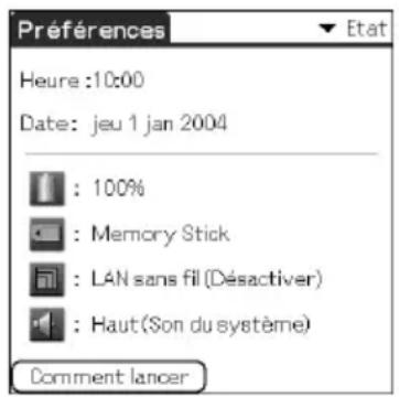 Préférences Heure :10:00 Date: jeu 1 jan 2004 : 100% : Memory Stick : LAN sans fil (Désactiver) : Haut(Son du système) Comment lancer