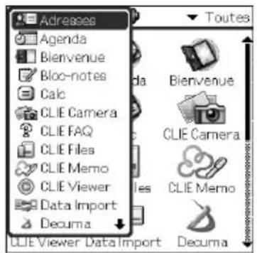 Adresses Agenda Bienvenue Bloc-notes Calc CLIE Camera CLIE FAQ CLIE Files CLIE Memo CLIE Viewer Data Import Decuma Toutes Clie Camera CLIE Memo Decuma CLIE Viewer Data Import