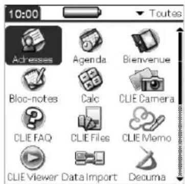 10:00 Toutes Adresses Agenda Bienvenue Bloc-notes Calc CLIE Camera CLIE FAQ CLIE Files CLIE Memo CLIE Viewer Data Import Decuma