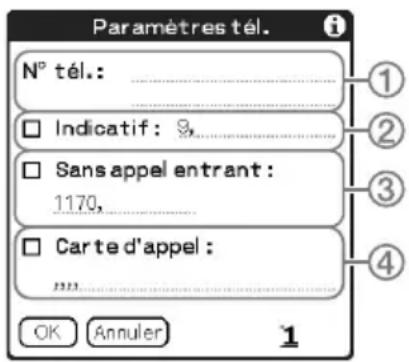 Paramètres tél. N° tél.: ...... Indicatif: % ...... Sans appel entrant: 1170, ...... Carte d'appel: ...... OK Annuler 1
