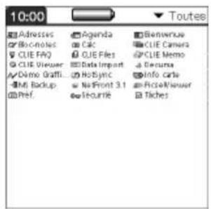 10:00 Toutes Adresses Bocnotes CLIE FAQ CLIE Viewer Demo Graffii MI Backup Pref. Agenda Calc CUE Files Data Import HotSync NaFront 3.1 Securitie Benvenue CLIE Camera CLIE Memo Descurs Info Carte PictureViewer Tiches