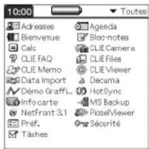 10:00 Toutes Adresses Agenda Bienvenue Bloc-notes Calc CLIE Carriera CLIE FAQ CLIE Files CLIE Memo CLIE Viewer Data Import Decuma Démo Graffl. HotSync Info carte MS Backup NetFront 3.1 PioselViewer Préf. Sécurité Tâches