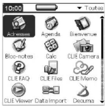 10:00 Toutes Adresses Agenda Bienvenue Bloc-notes Calc CLIE Camera CLIE FAQ CLIE Files CLIE Memo CLIE Viewer Data Import Decuma