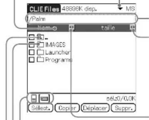 CLIE Files 46896K disp. MIS /Palm Name taille IMAGES Launcher Programs sélz0/0.0K Sélect. Copier Déplacer Suppr.